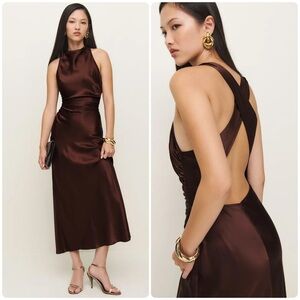 Reformation Casette Silk Dress in Mahogany